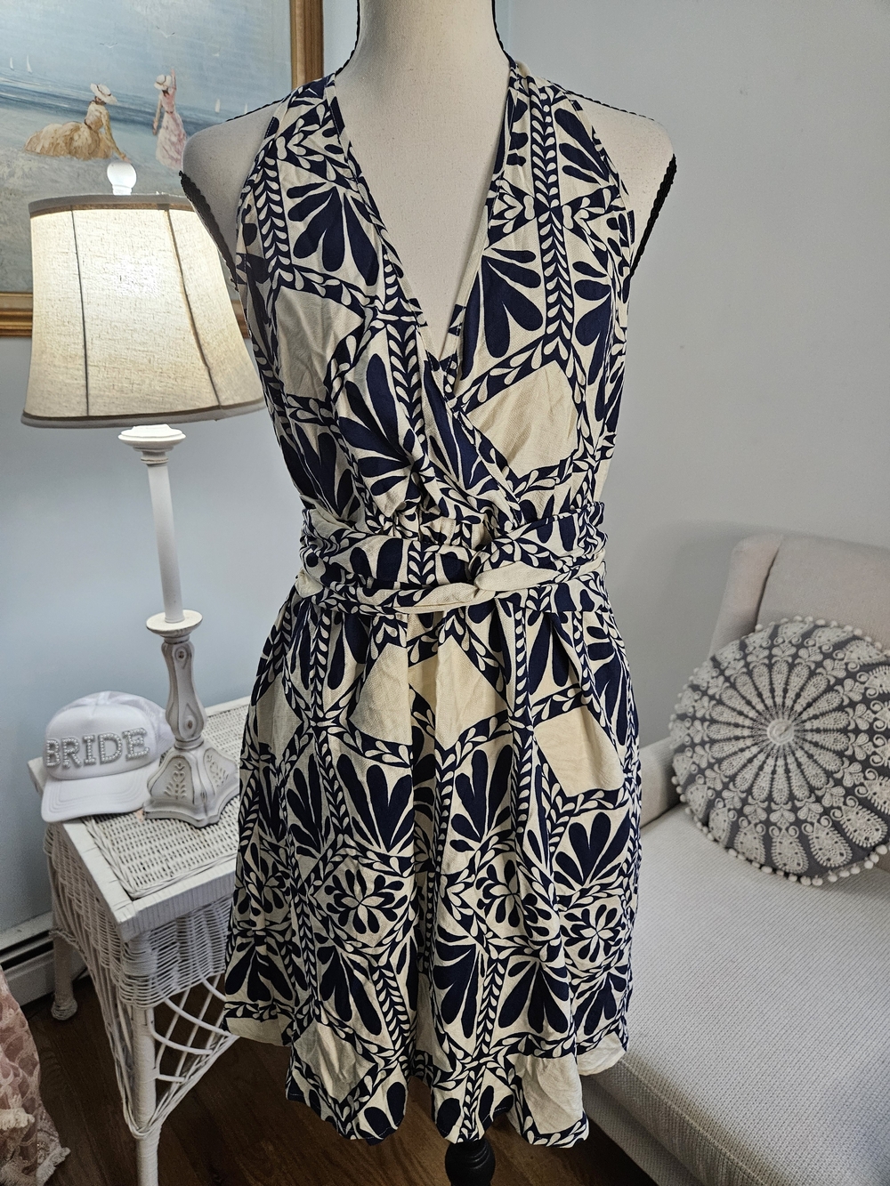 Cupshe Navy and Cream Geometric Halter Mini Dress